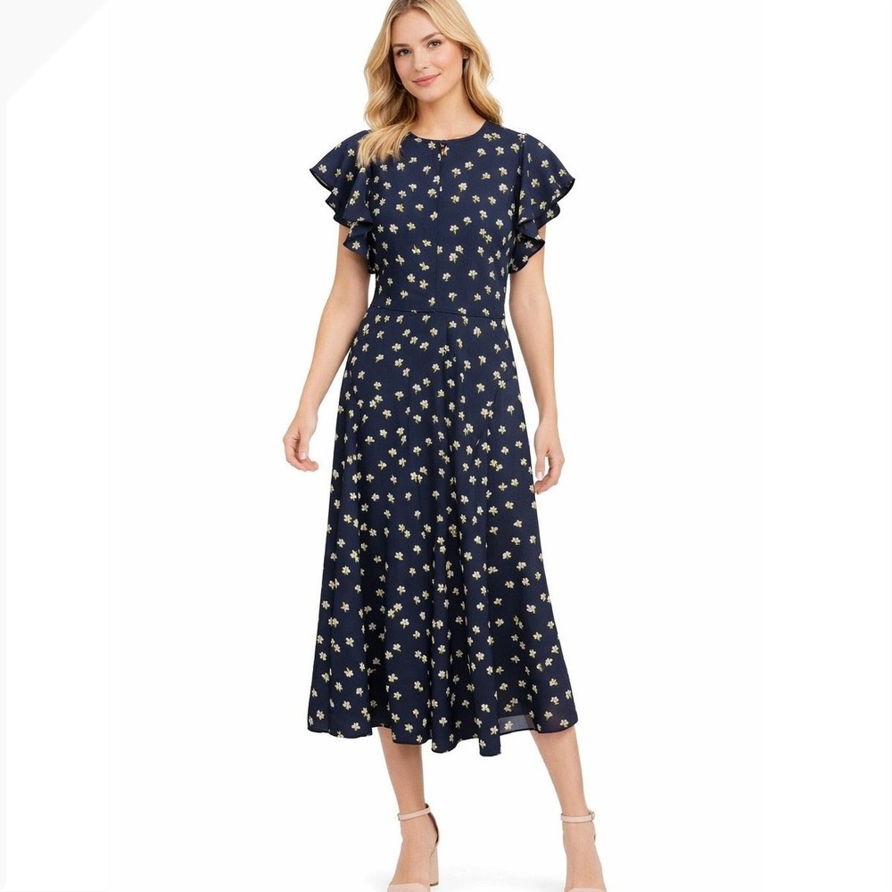 Kate Spade New York Begonia Blue Floral Flutter Sleeve Smocked Back Midi Dress
